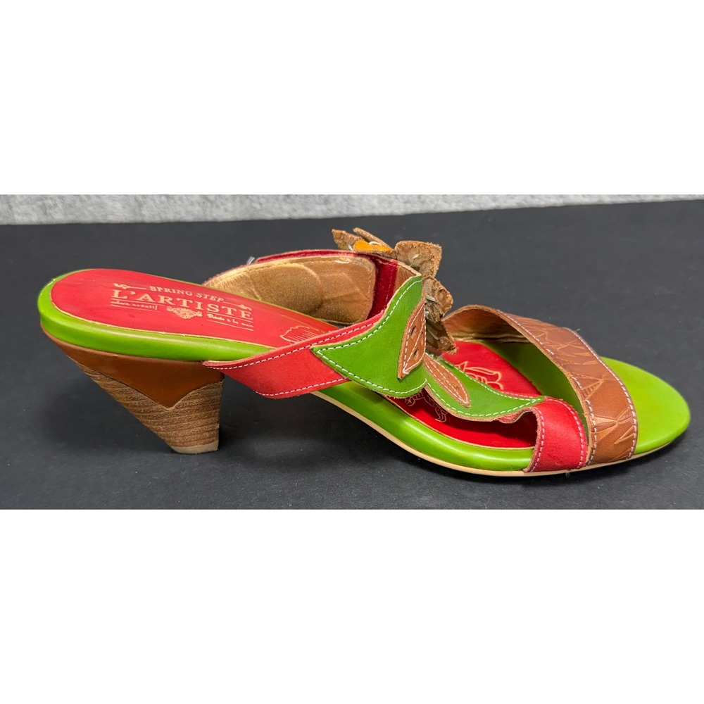 L'Artiste Toucy Heeled Sandals Womens 41 Green Red Leather Floral Boho Slides - Picture 10 of 12